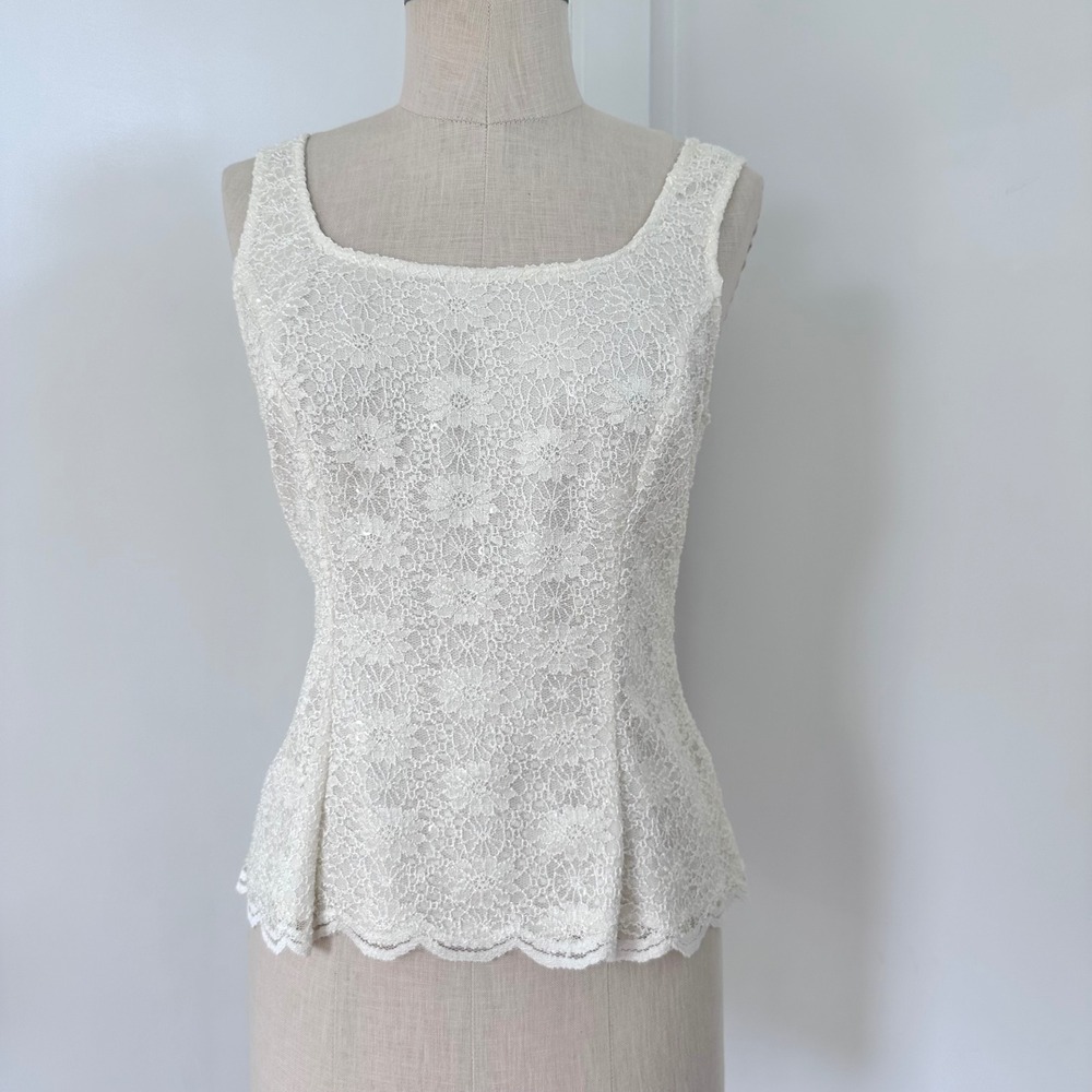 Drapers & Damons Ivory Lace Peplum Top Sleeveless Sequin Bridal Vintage Y2K S